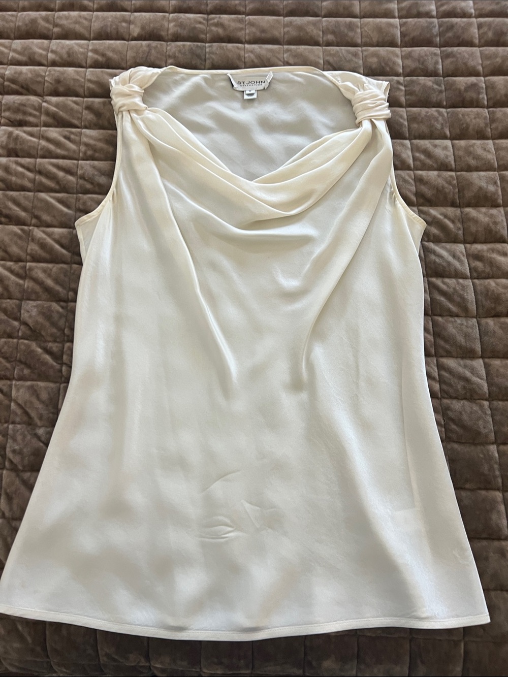 St. John Cream Cowl-Neck Knot-Shoulder Sleeveless Top